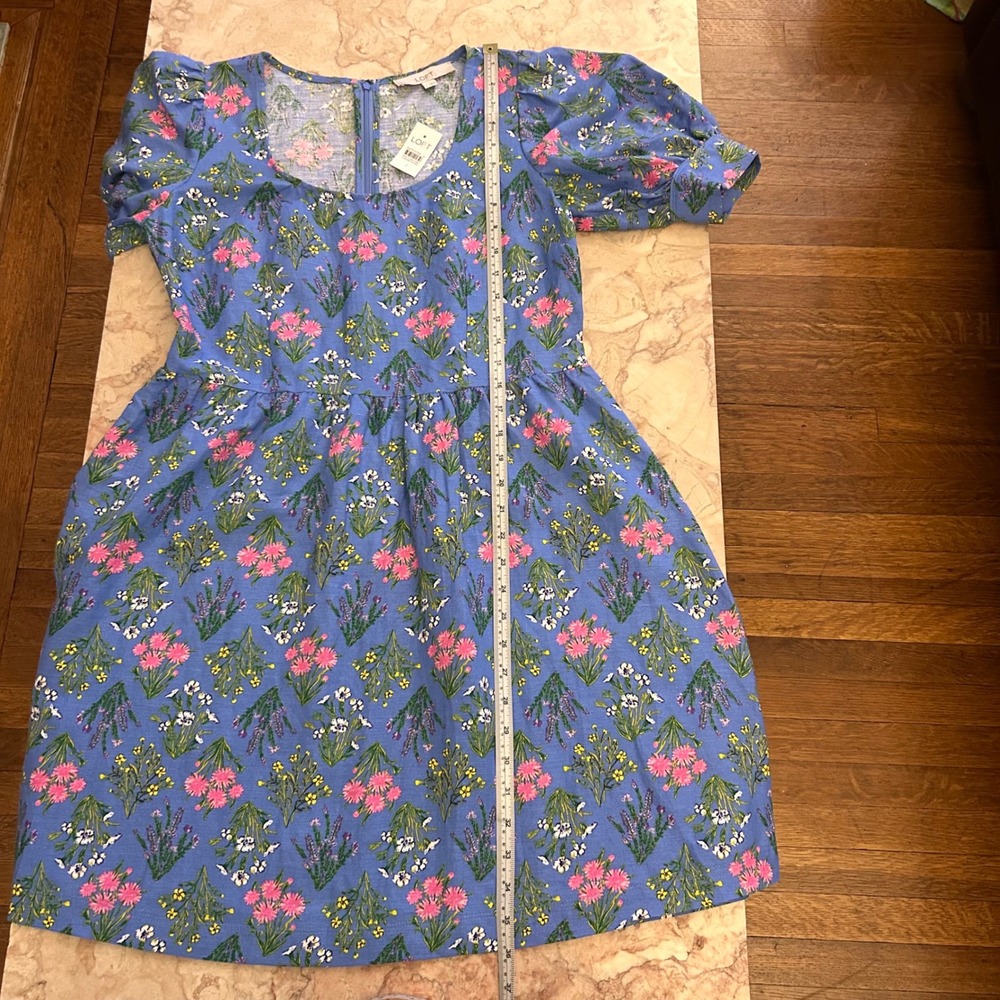 NWT LOFT Size 2 Floral Babydoll Dress Puff Sleeve Blue Linen Cottagecore - Picture 8 of 12